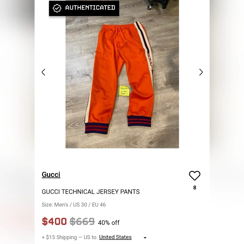GUCCI Orange Technical Jersey Track Suit Jogger Pants Men's Size XXL